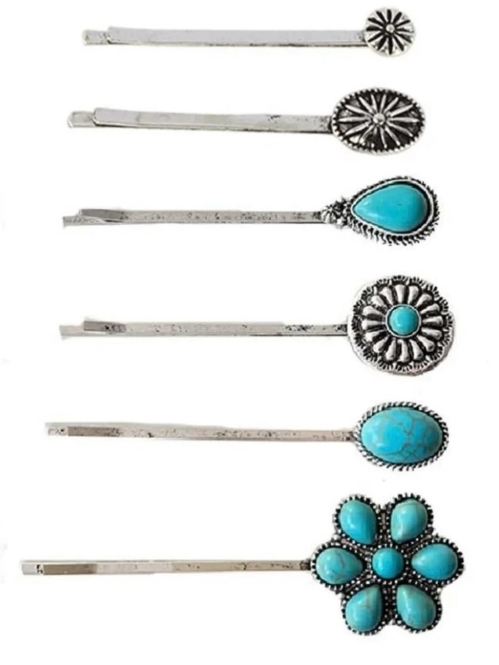 5 PieceTurquoise Stone Floral & Teardrop Silver Hair Pins - NEW NEVER WORN